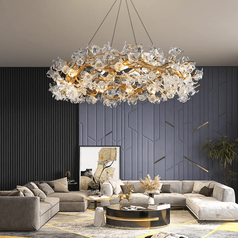 Modern Petal Crystal Round Brass Branch Chandelier - 24" W x 14" Hcasivra
