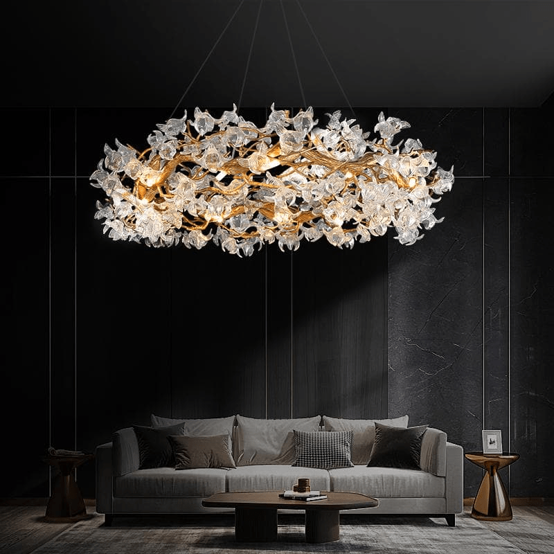 Modern Petal Crystal Round Brass Branch Chandelier - 24" W x 14" Hcasivra
