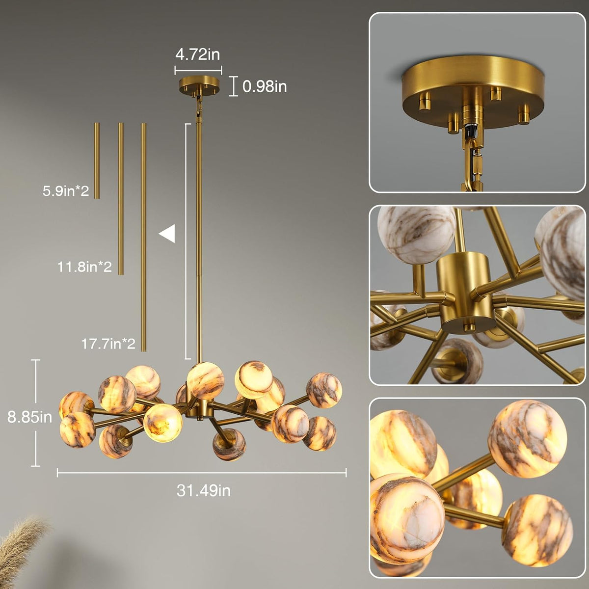 Modern Round Alabaster Chandelier - D560-21.5"L × 15"W × 21"Hcasivra