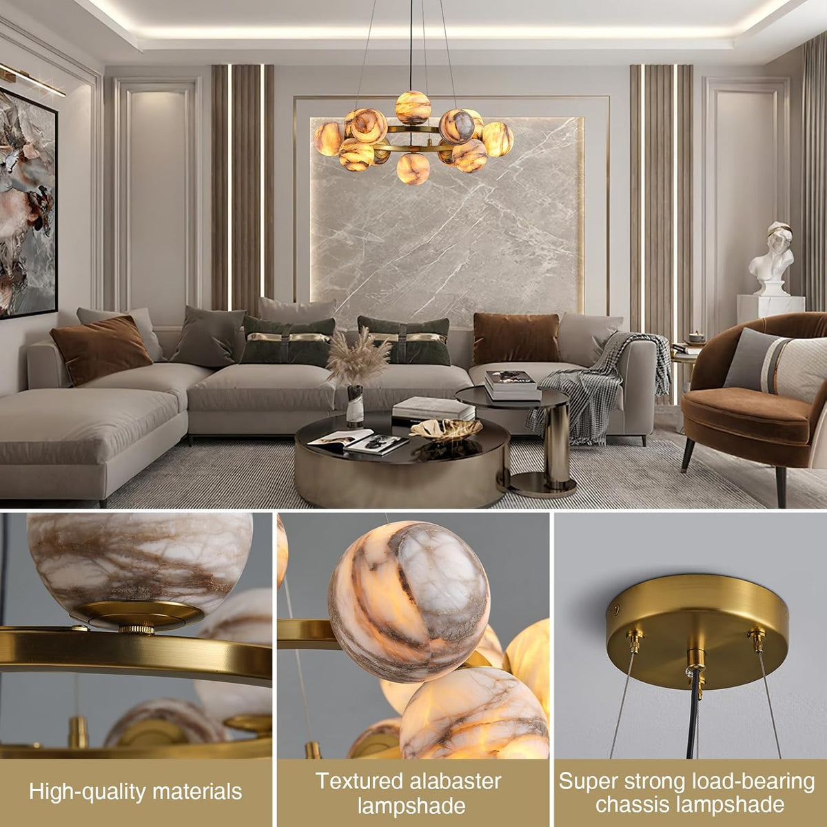 Modern Round Alabaster Chandelier - D560-21.5"L × 15"W × 21"Hcasivra