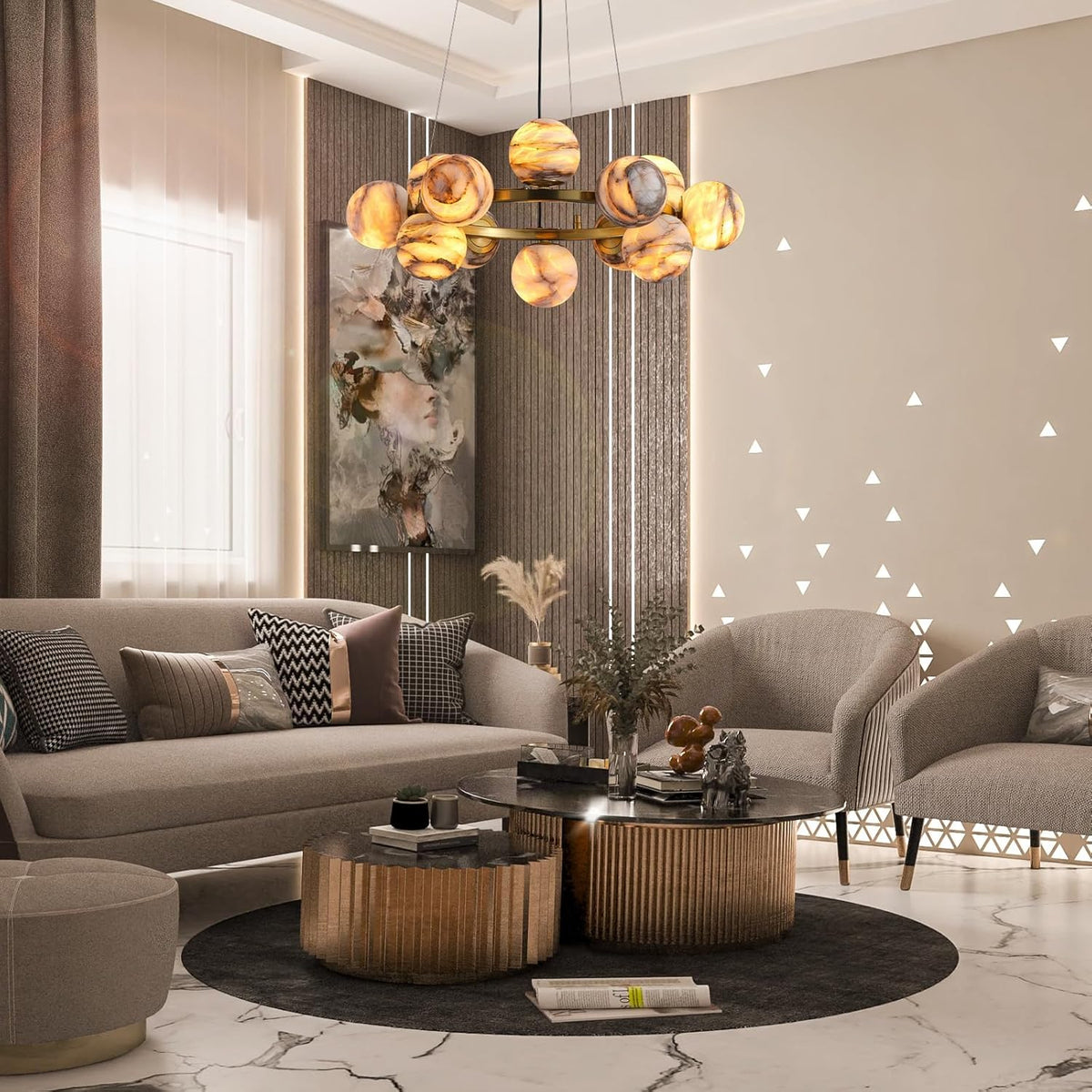 Modern Round Alabaster Chandelier - D560-21.5"L × 15"W × 21"Hcasivra