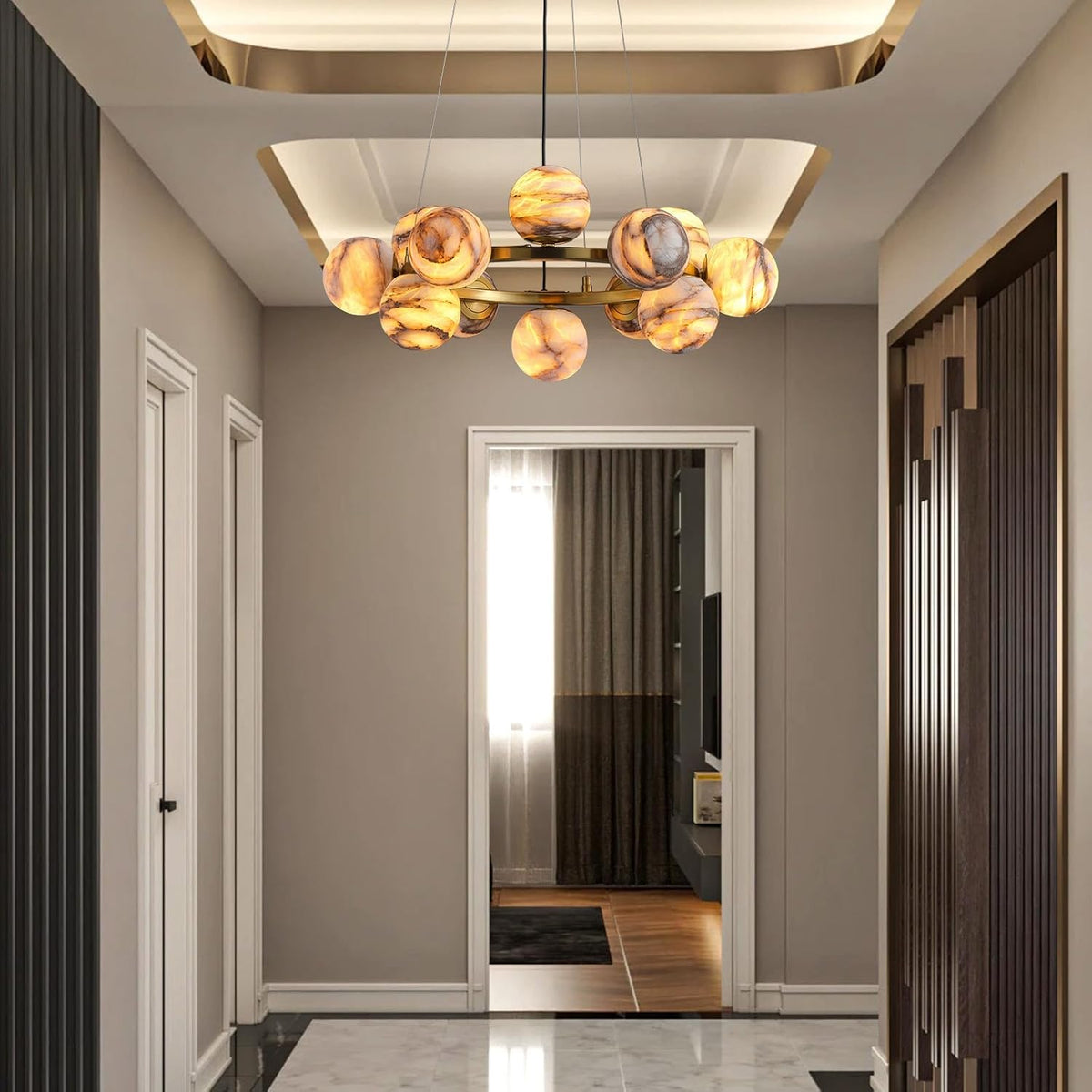 Modern Round Alabaster Chandelier - D560-21.5"L × 15"W × 21"Hcasivra