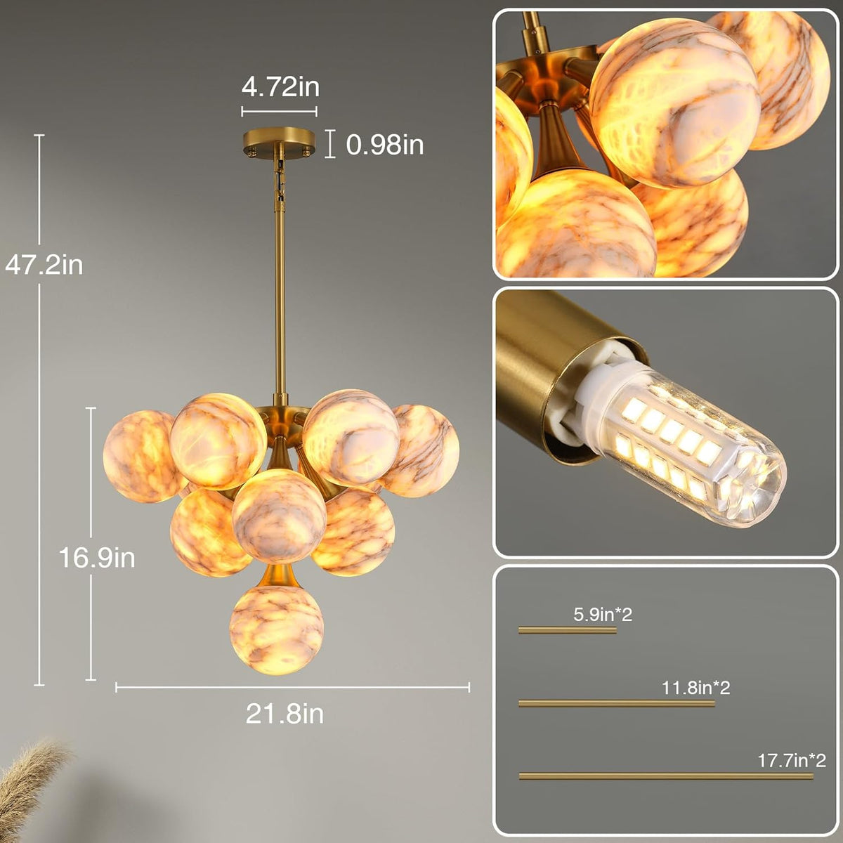 Modern Round Alabaster Chandelier - D560-21.5"L × 15"W × 21"Hcasivra