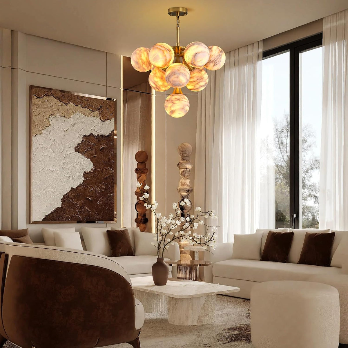 Modern Round Alabaster Chandelier - D560-21.5"L × 15"W × 21"Hcasivra