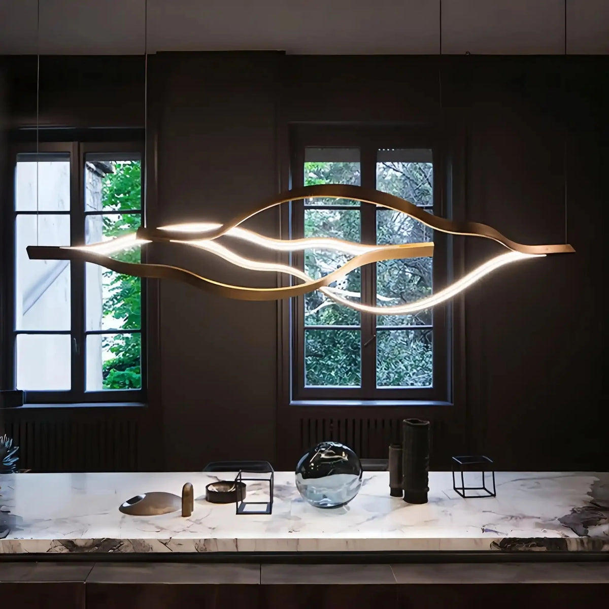 Modern Simple Brass Waving Chandelier for Living/Dining Room/Kitchen Island - 2 crossed pendant: L39.4"+L47.2"/17kgWoodWarm Lightcasivra
