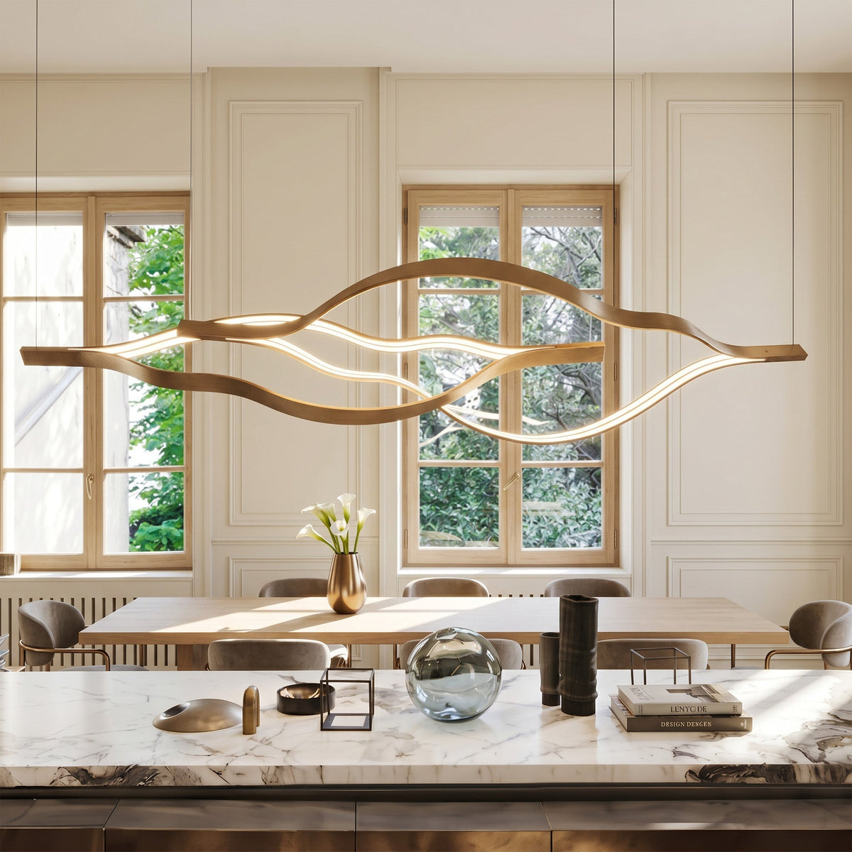 Modern Simple Brass Waving Chandelier for Living/Dining Room/Kitchen Island - L31.5"*W2.2"*H11.8"WoodWarm Lightcasivra