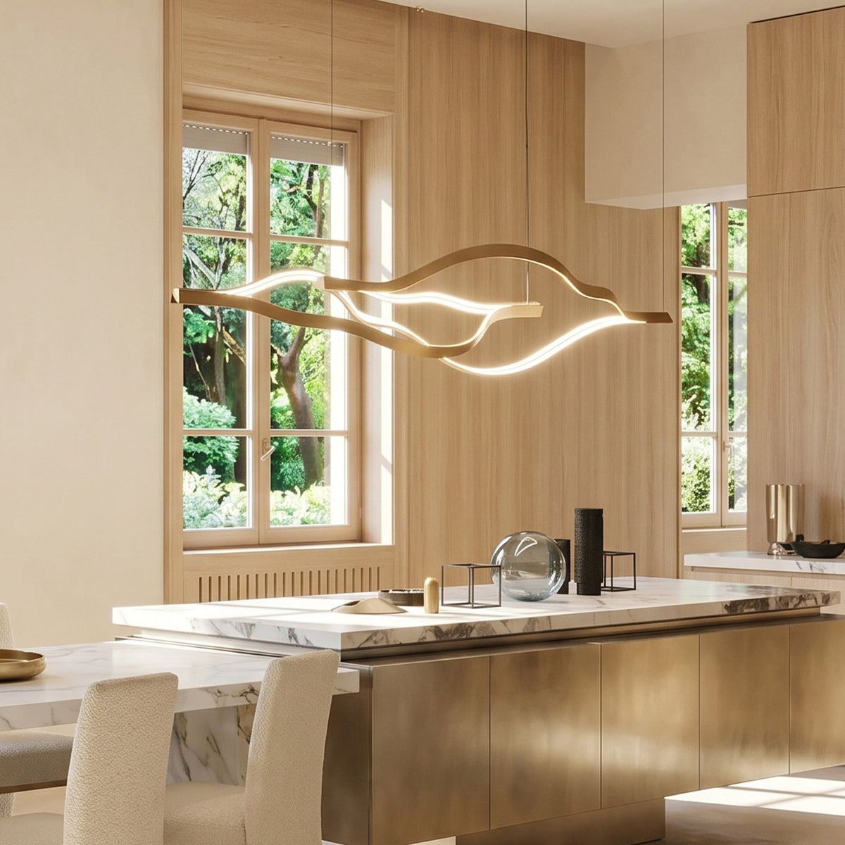 Modern Simple Brass Waving Chandelier for Living/Dining Room/Kitchen Island - 3 crossed pendant: L31.5"+L39.4"+L47.2"ChromeWarm Lightcasivra
