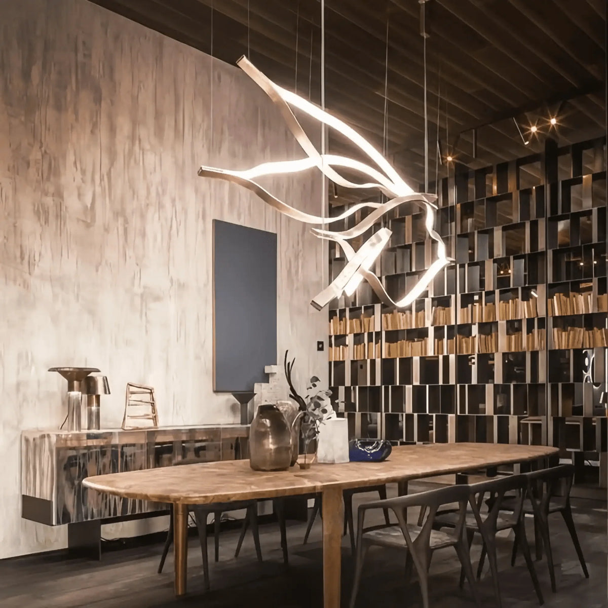 Modern Simple Brass Waving Chandelier for Living/Dining Room/Kitchen Island - 2 crossed pendant: L39.4"+L47.2"/17kgWoodWarm Lightcasivra