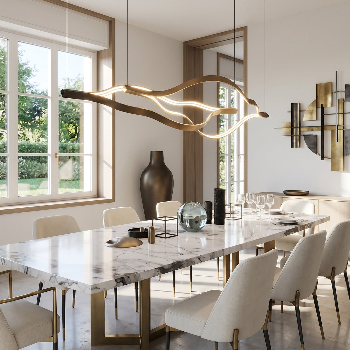 Modern Simple Brass Waving Chandelier for Living/Dining Room/Kitchen Island - L31.5"*W2.2"*H11.8"WoodWarm Lightcasivra