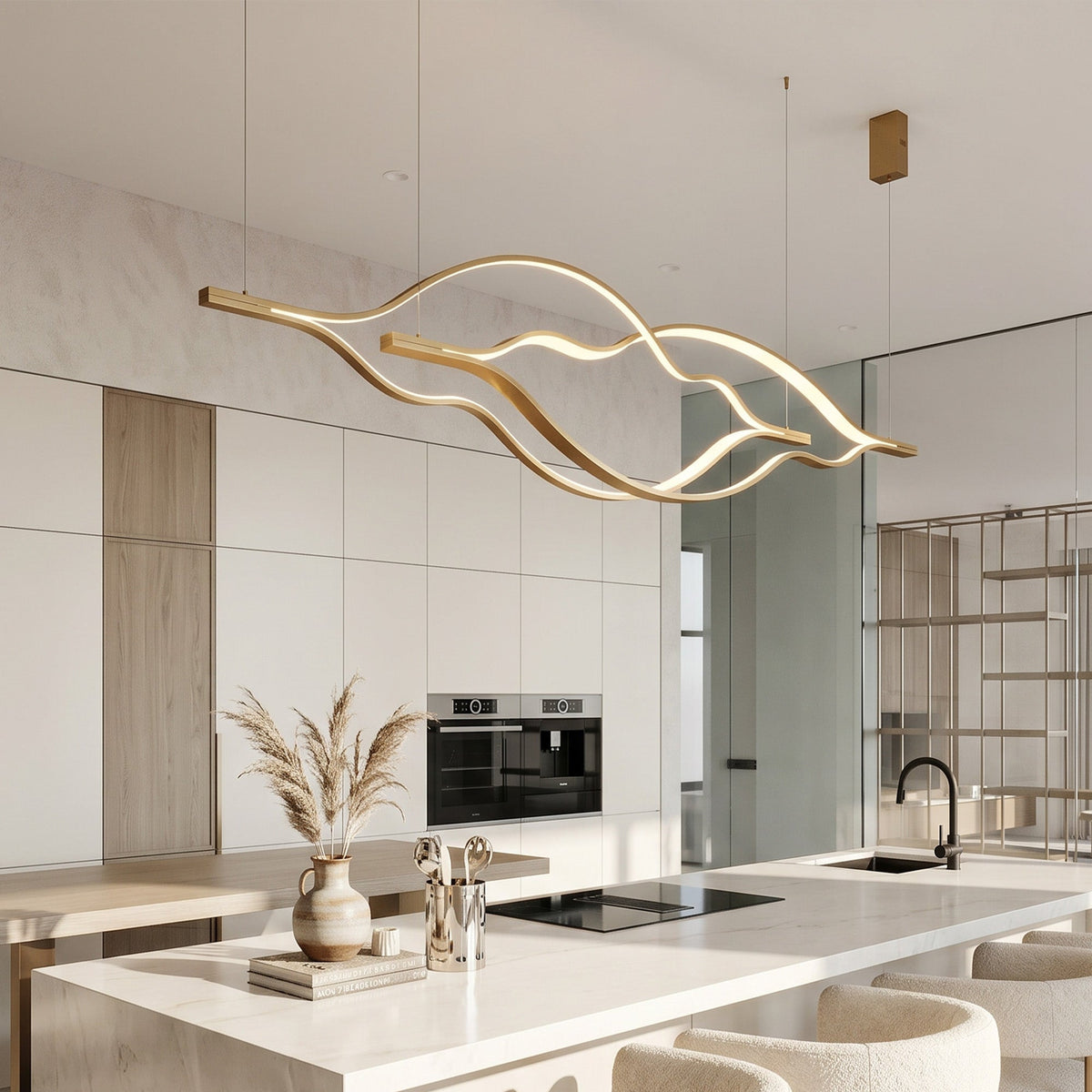 Modern Simple Brass Waving Chandelier for Living/Dining Room/Kitchen Island - 3 crossed pendant: L31.5"+L39.4"+L47.2"ChromeWarm Lightcasivra