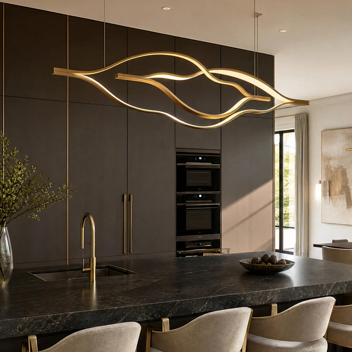 Modern Simple Brass Waving Chandelier for Living/Dining Room/Kitchen Island - L31.5"*W2.2"*H11.8"WoodWarm Lightcasivra