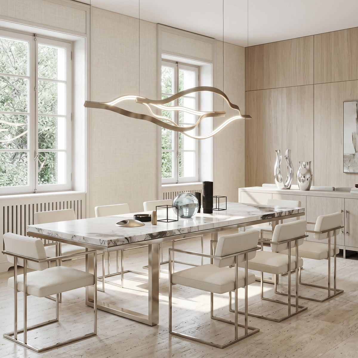 Modern Simple Brass Waving Chandelier for Living/Dining Room/Kitchen Island - 2 crossed pendant: L39.4"+L47.2"/17kgGoldWarm Lightcasivra