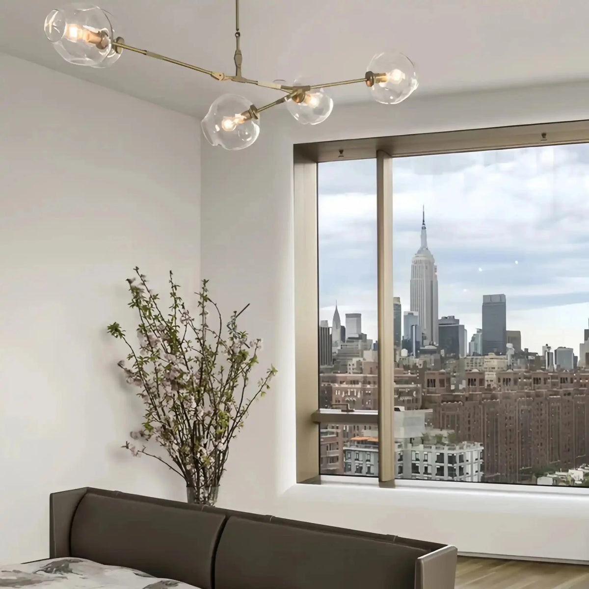 Modern Sputnik Smoky Gray/Amber Glass Branch Chandelier for Kitchen Island/Dining Room - 5 Globes/W43.3"*D21.65"*H20"Brass Finish/Clear GlassWarm Lightcasivra