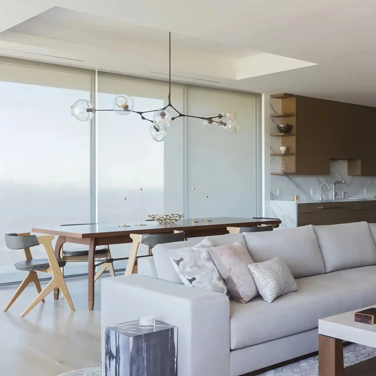Modern Sputnik Smoky Gray/Amber Glass Branch Chandelier for Kitchen Island/Dining Room - 5 Globes/W43.3"*D21.65"*H20"Brass Finish/Clear GlassWarm Lightcasivra