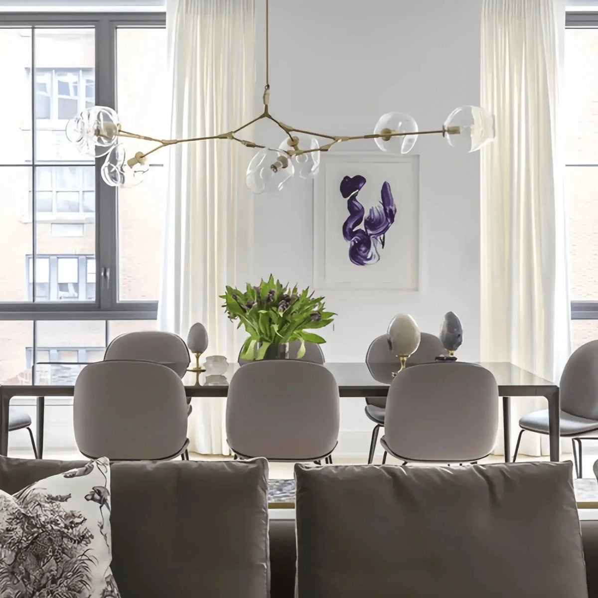 Modern Sputnik Smoky Gray/Amber Glass Branch Chandelier for Kitchen Island/Dining Room - 5 Globes/W43.3"*D21.65"*H20"Brass Finish/Clear GlassWarm Lightcasivra