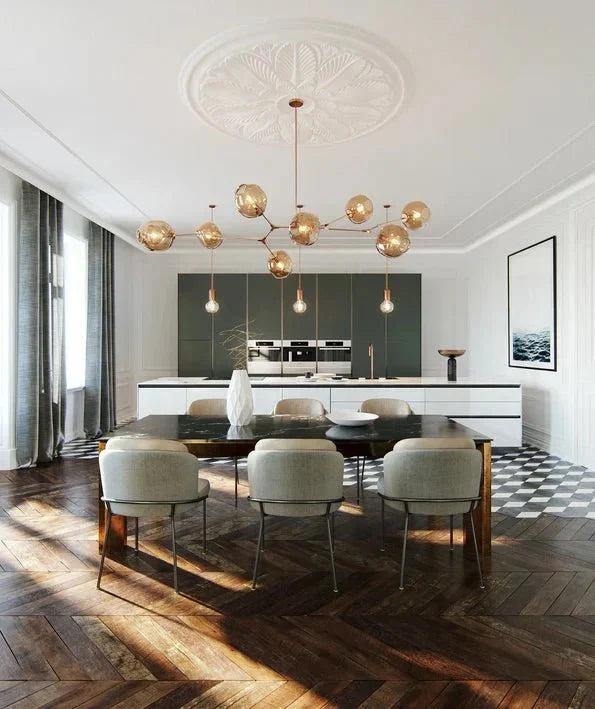 Modern Sputnik Smoky Gray/Amber Glass Branch Chandelier for Kitchen Island/Dining Room - 8 Globes/W89.76"*D33.07"*H22.8"Brass Finish/Clear GlassWarm Lightcasivra