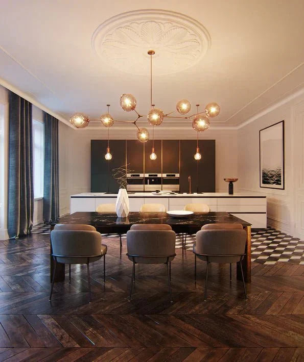 Modern Sputnik Smoky Gray/Amber Glass Branch Chandelier for Kitchen Island/Dining Room - 5 Globes/W64.2"*D20.86"*H20.87"Brass Finish/Clear GlassWarm Lightcasivra