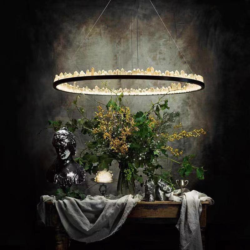 Modern Style Rings Brass & Natural Quartz Crystal Chandelier in Brass/Black Finish - 1 Tier / D23.6" * H4"BrassWarm Lightcasivra