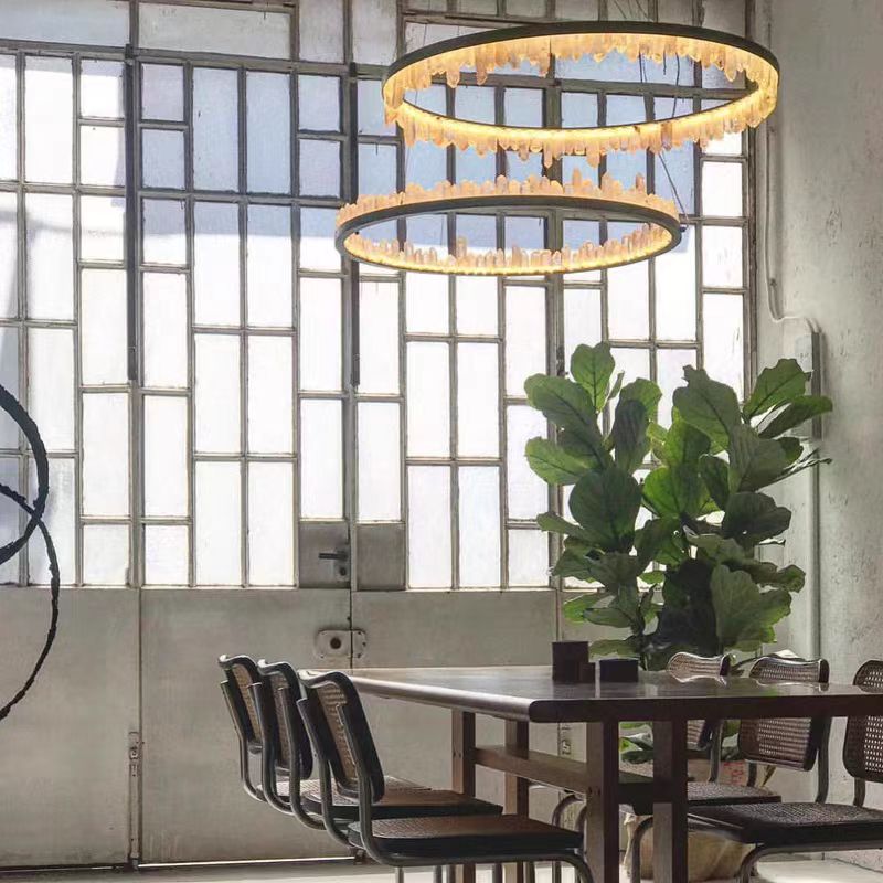 Modern Style Rings Brass & Natural Quartz Crystal Chandelier in Brass/Black Finish - 1 Tier / D23.6" * H4"BrassWarm Lightcasivra