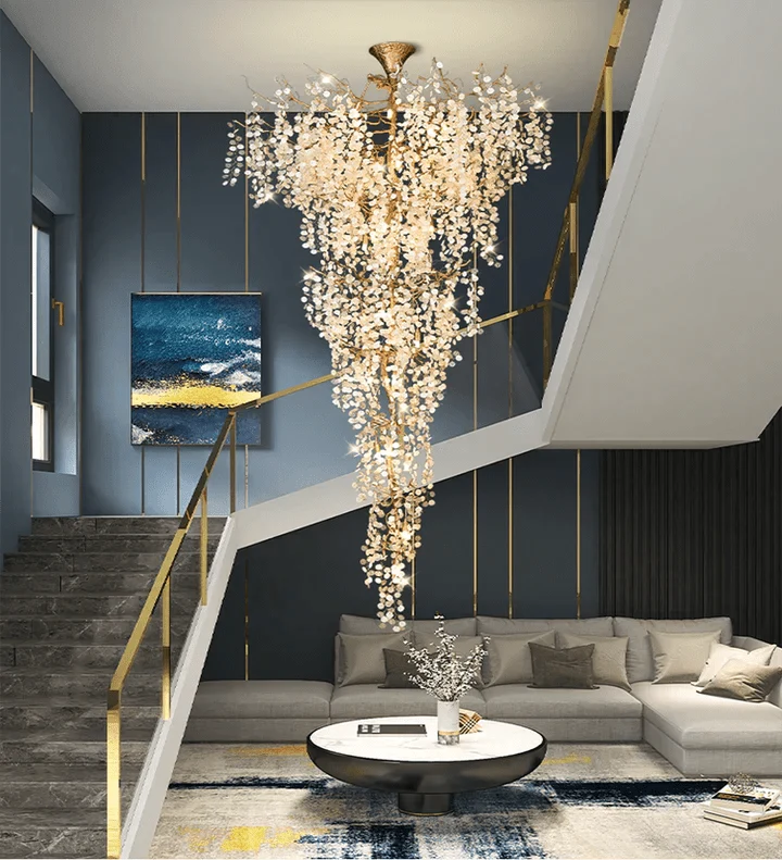 Modern Unique Artistic Flower Brass Branch Semi - flush Mount Chandelier for Living Room/ Hallway/ Entryway/ Staircase - D 35.43" * H 78.74"Warm Lightcasivra