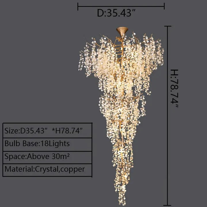 Modern Unique Artistic Flower Brass Branch Semi - flush Mount Chandelier for Living Room/ Hallway/ Entryway/ Staircase - D 35.43" * H 78.74"Warm Lightcasivra
