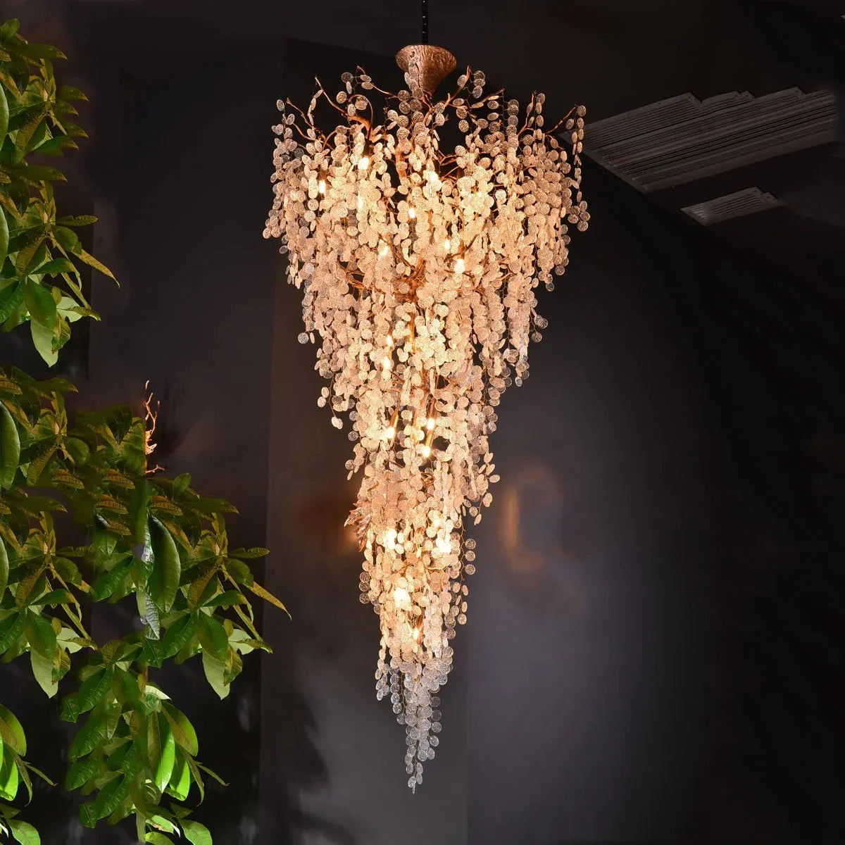 Modern Unique Artistic Flower Brass Branch Semi - flush Mount Chandelier for Living Room/ Hallway/ Entryway/ Staircase - D 35.43" * H 78.74"Warm Lightcasivra