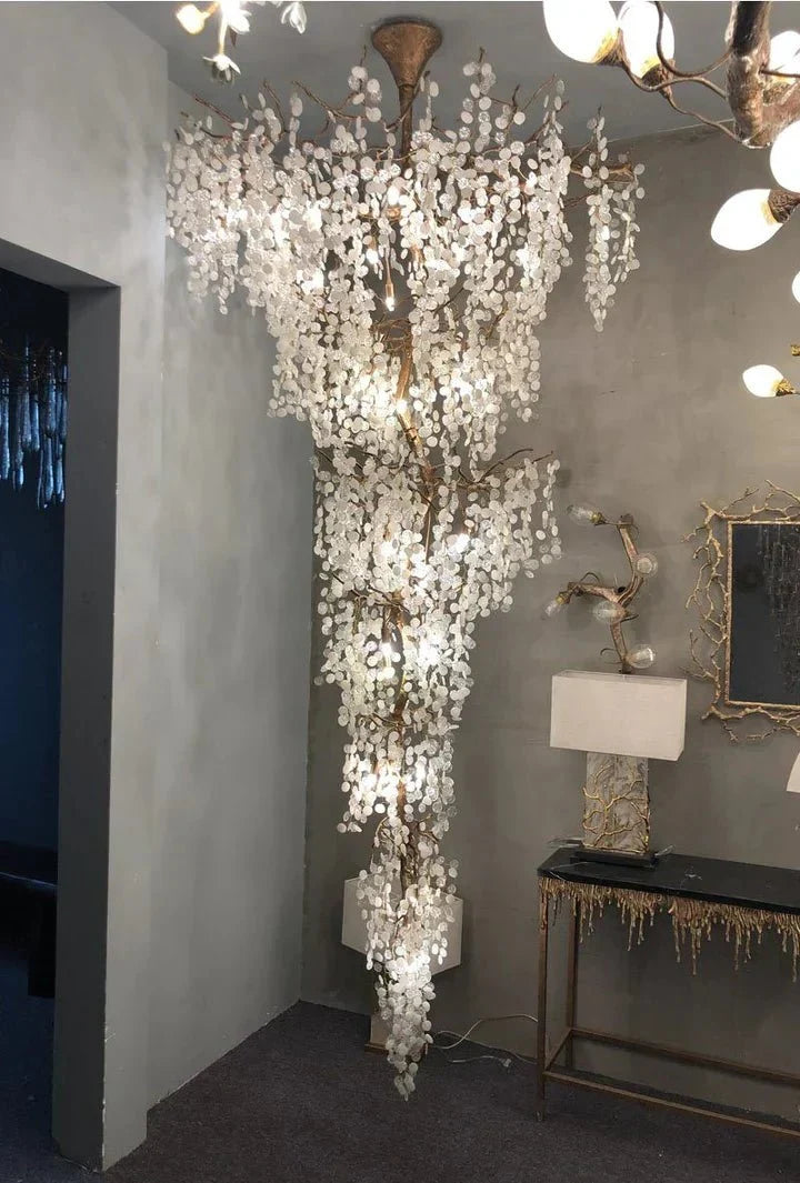 Modern Unique Artistic Flower Brass Branch Semi - flush Mount Chandelier for Living Room/ Hallway/ Entryway/ Staircase - D 35.43" * H 78.74"Warm Lightcasivra