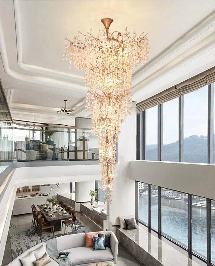 Modern Unique Artistic Flower Brass Branch Semi - flush Mount Chandelier for Living Room/ Hallway/ Entryway/ Staircase - D 35.43" * H 78.74"Warm Lightcasivra