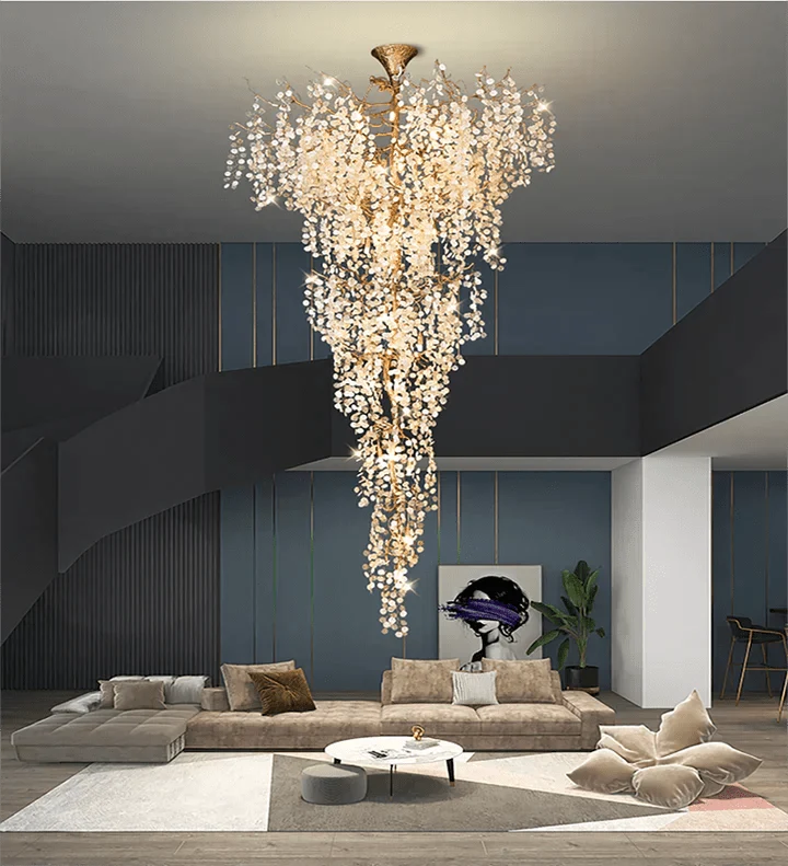 Modern Unique Artistic Flower Brass Branch Semi - flush Mount Chandelier for Living Room/ Hallway/ Entryway/ Staircase - D 35.43" * H 78.74"Warm Lightcasivra