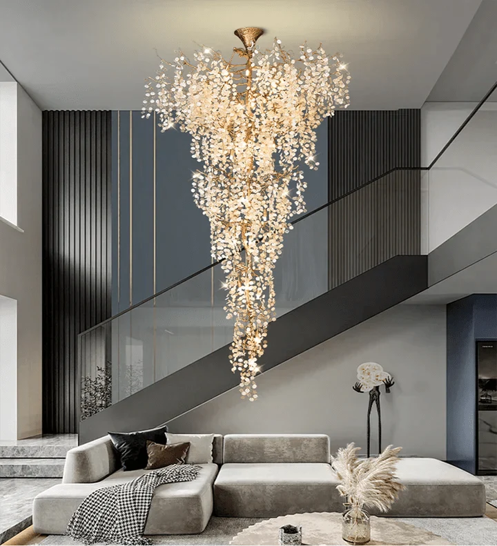 Modern Unique Artistic Flower Brass Branch Semi - flush Mount Chandelier for Living Room/ Hallway/ Entryway/ Staircase - D 35.43" * H 78.74"Warm Lightcasivra