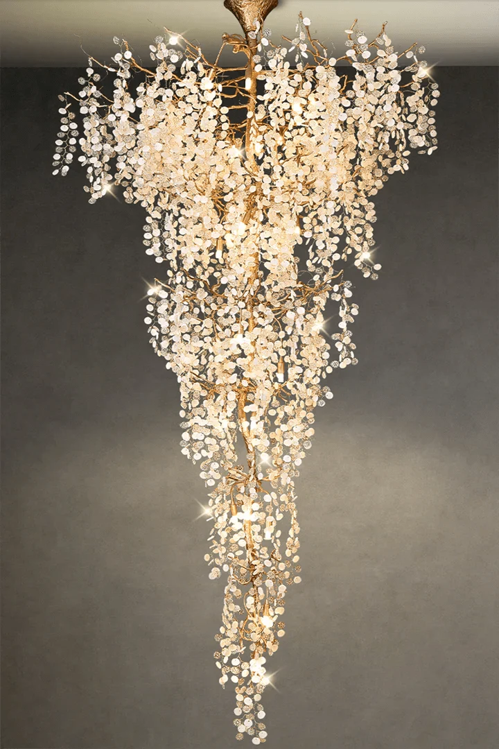 Modern Unique Artistic Flower Brass Branch Semi - flush Mount Chandelier for Living Room/ Hallway/ Entryway/ Staircase - D 35.43" * H 78.74"Warm Lightcasivra