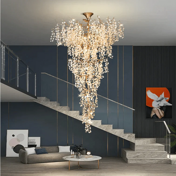 Modern Unique Artistic Flower Brass Branch Semi - flush Mount Chandelier for Living Room/ Hallway/ Entryway/ Staircase - D 35.43" * H 78.74"Warm Lightcasivra