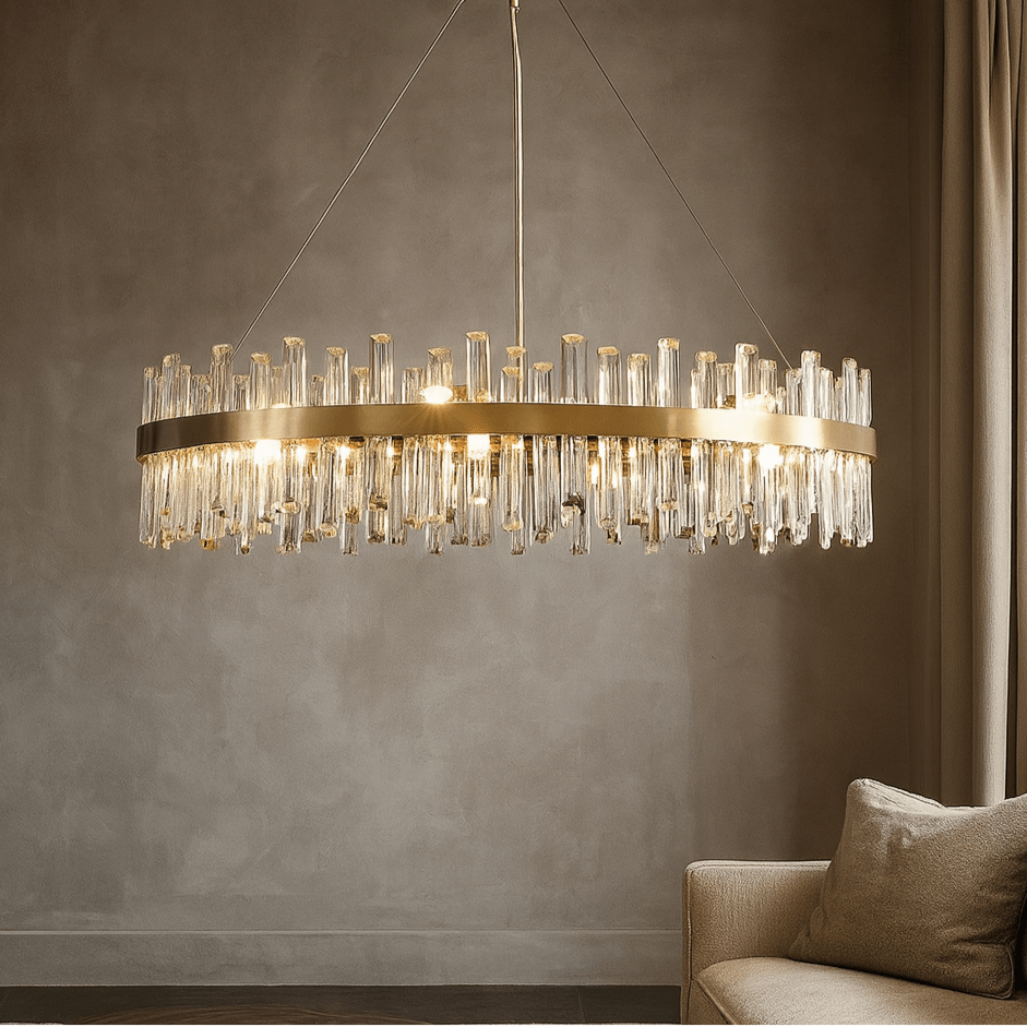 Asti crystal modern chandelier by Morsale.com, a 31-inch fixture of clear and smoke-grey K9 crystal on a brushed stainless steel frame.