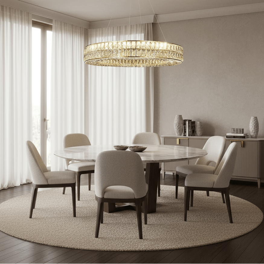 Hutton crystal chandelier illuminated