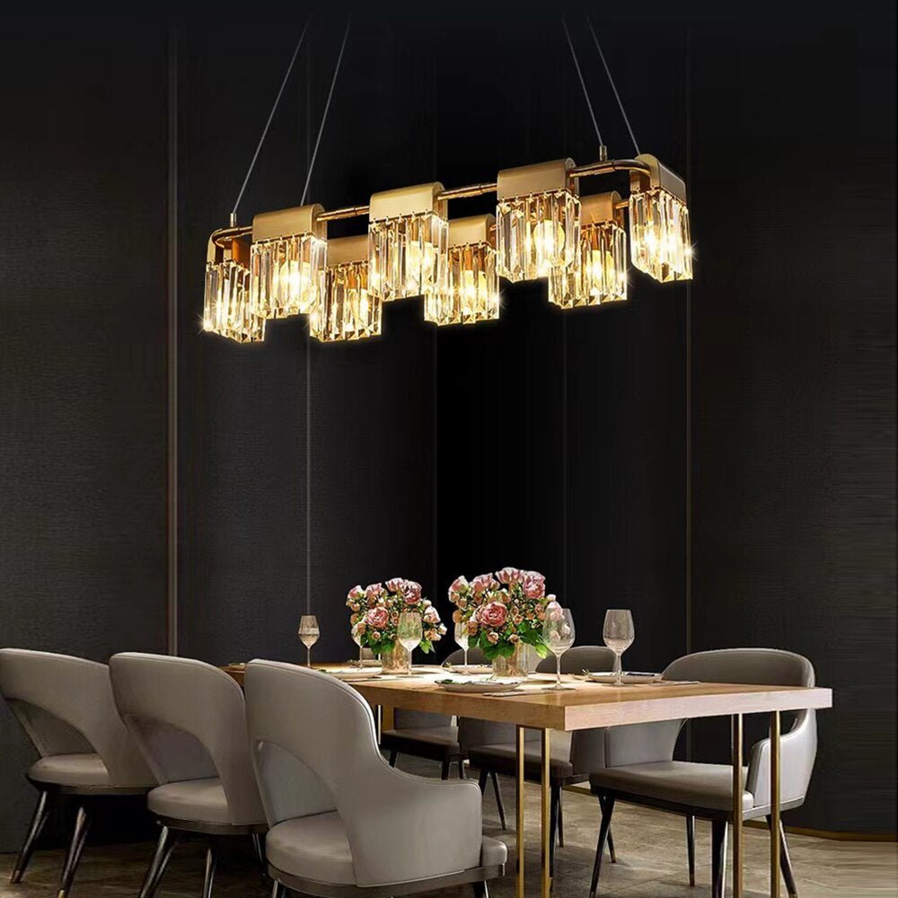 Gio modern linear crystal dining chandelier on a slim bar
