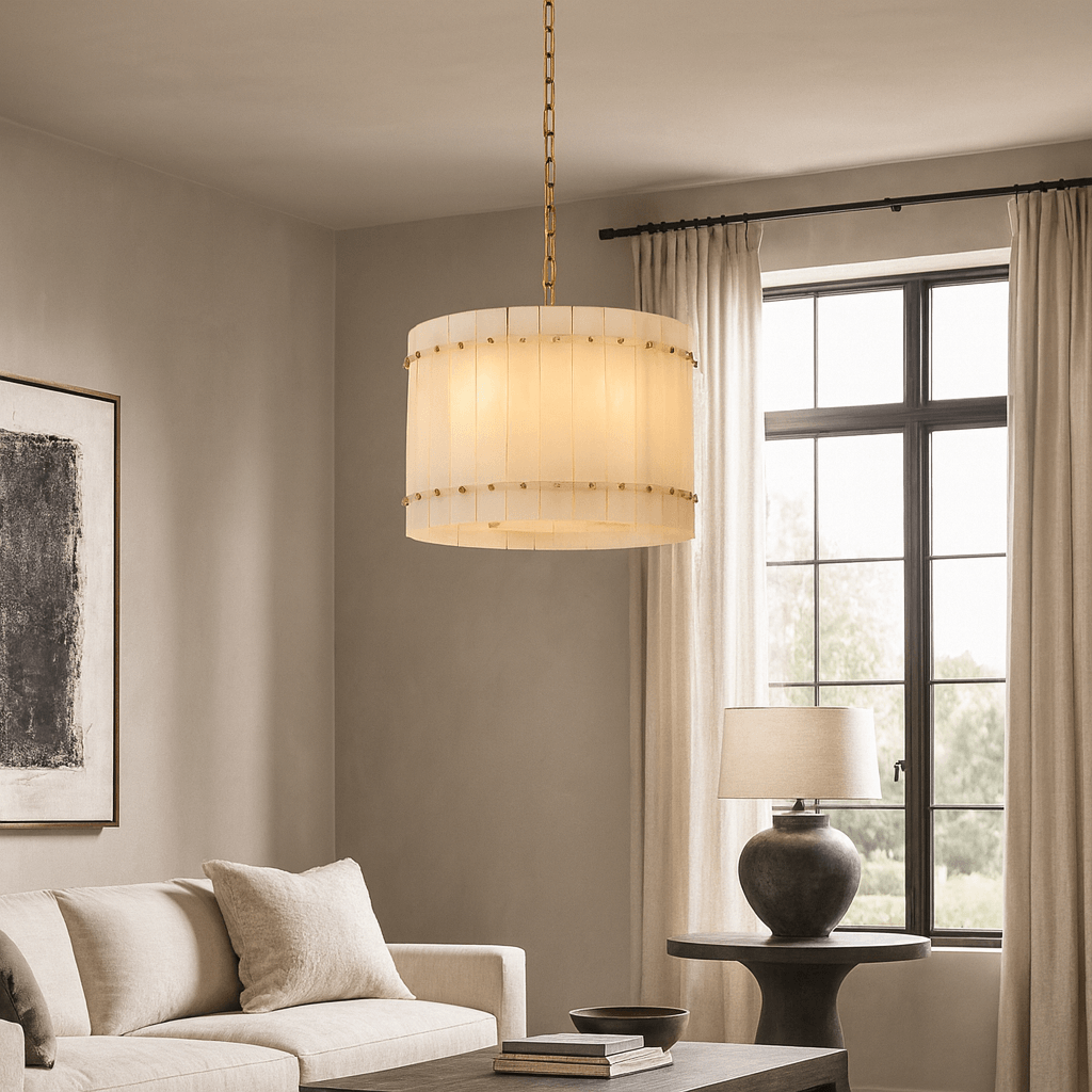 Valmont 16-inch round marble chandelier illuminated