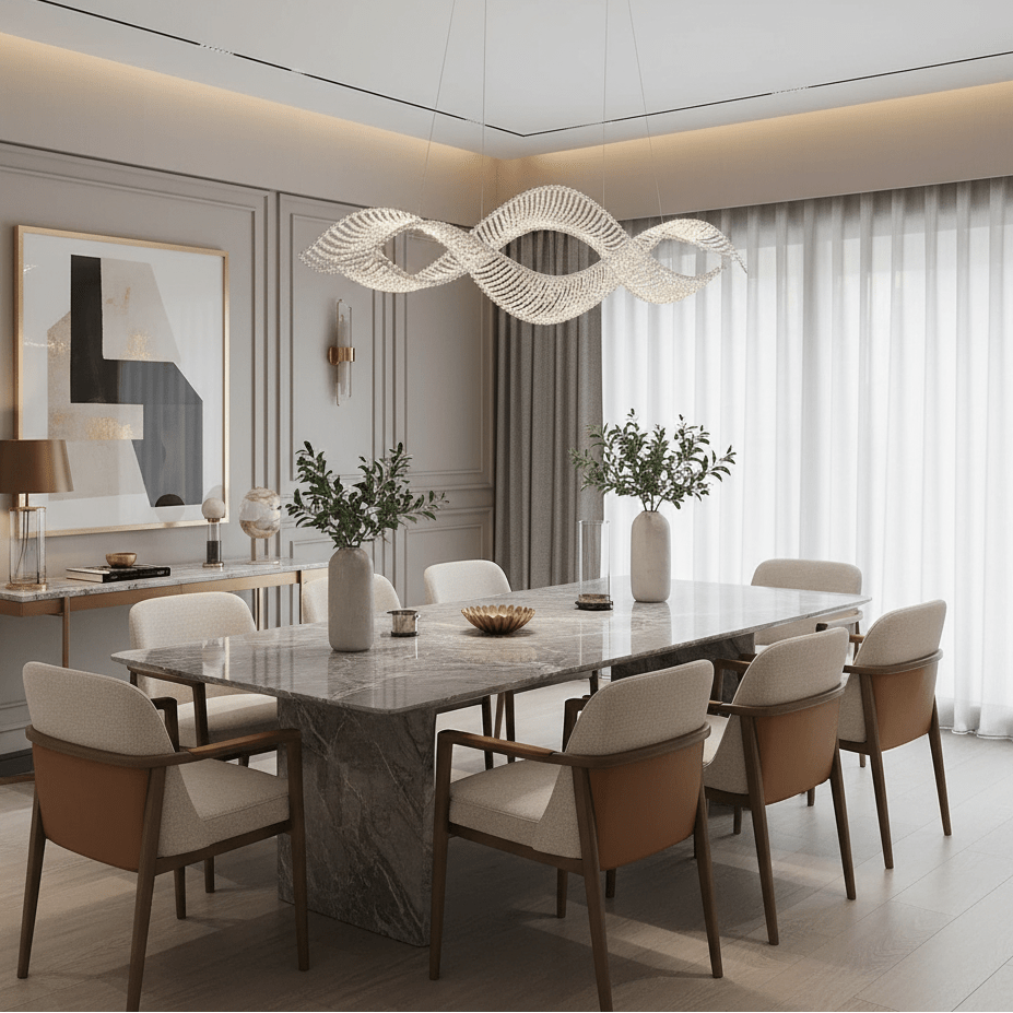 Alleri crystal chandelier illuminated over a dining table