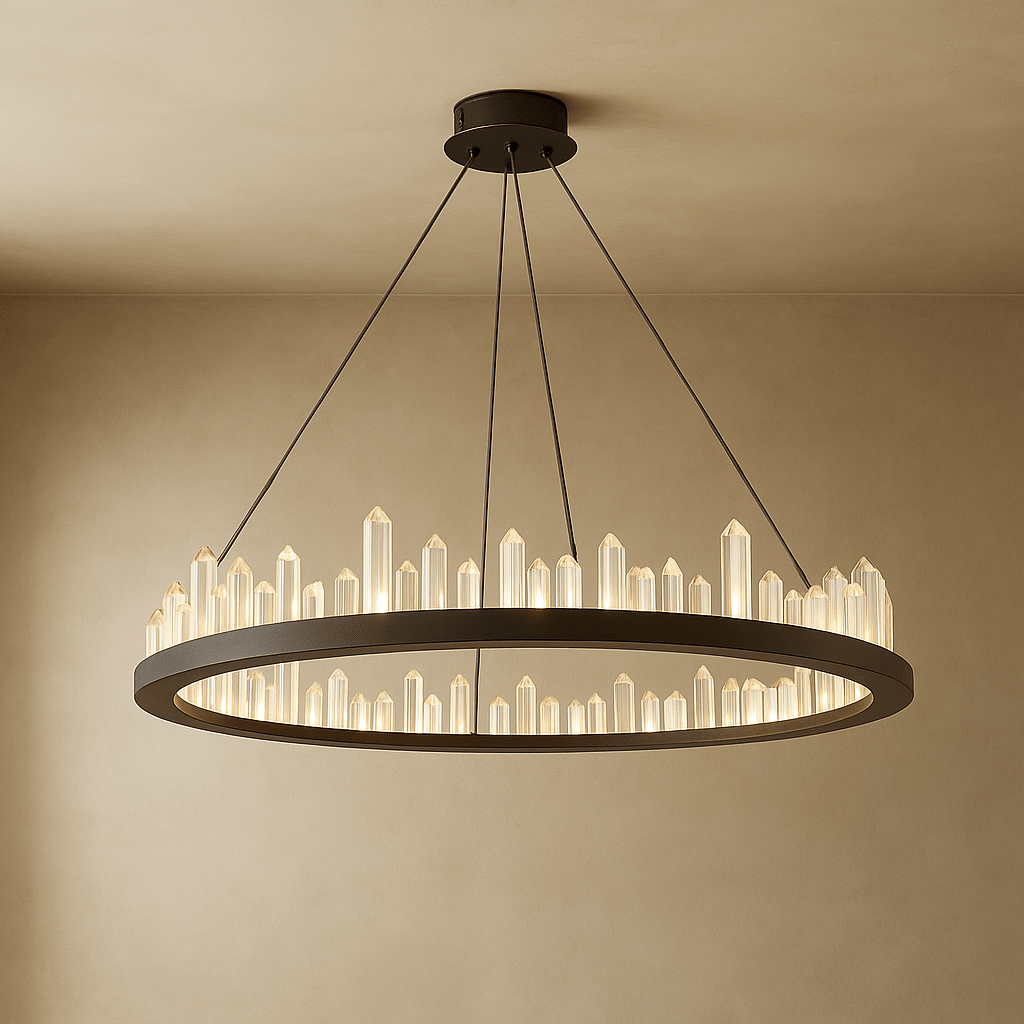 Westford crystal chandelier glowing warm in a living room