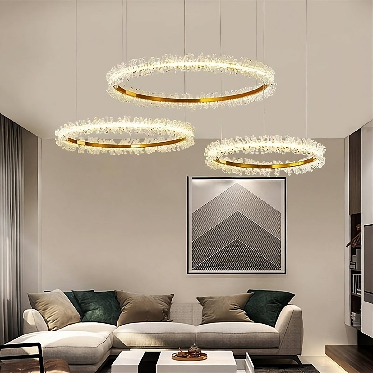 Side view of the Capri 3-ring crystal chandelier by Morsale.com showing the 35, 28, and 20 inch tiered rings.