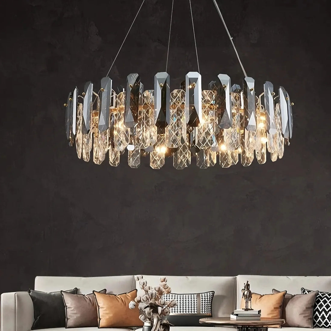 Lazzo tiered crystal chandelier in a modern dining room