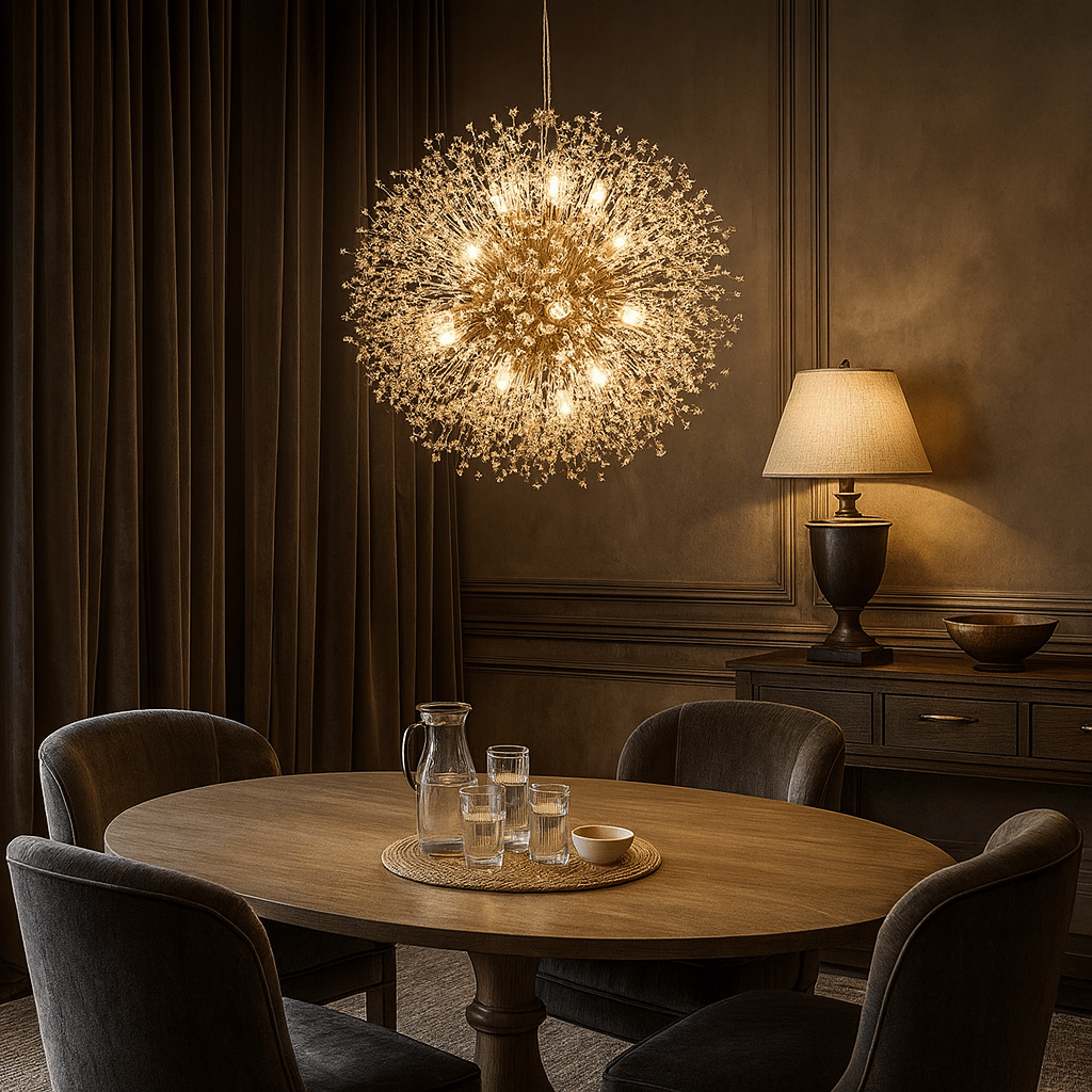 Dandelion crystal globe chandelier in a modern living room