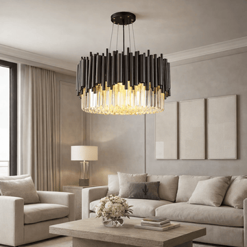 Vigo Collection crystal chandelier by Morsale.com, cascading hand-cut crystal prisms on a stainless steel canopy above a dining table.