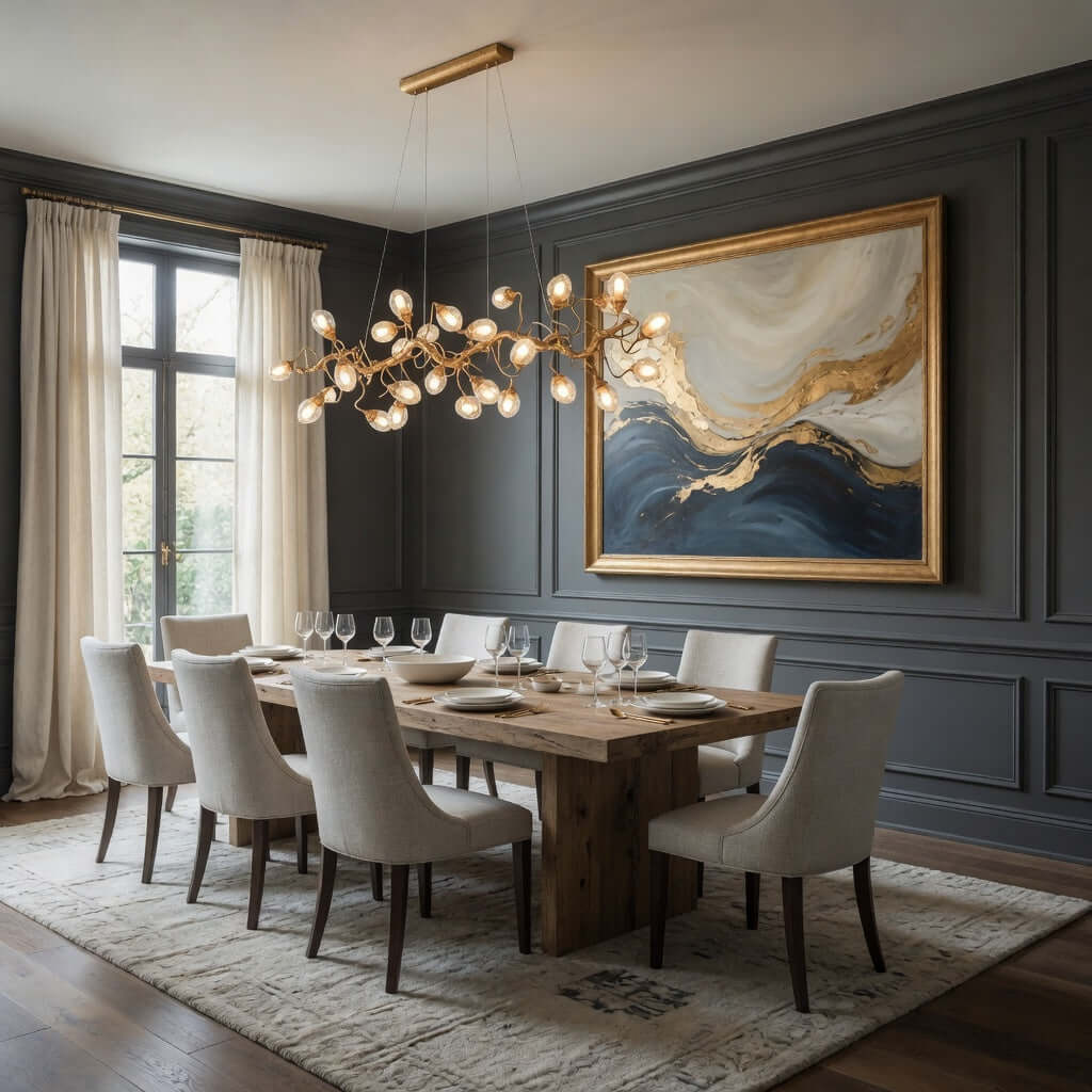Albero brass branch chandelier illuminated above a dining table