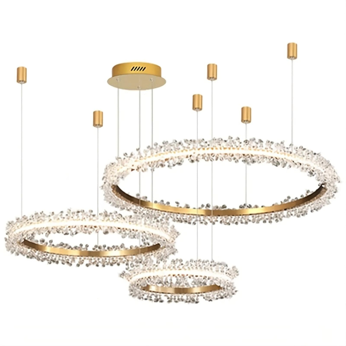Full view of the Capri 3-ring crystal chandelier by Morsale.com, hand-cut crystal on brushed electroplated stainless steel.