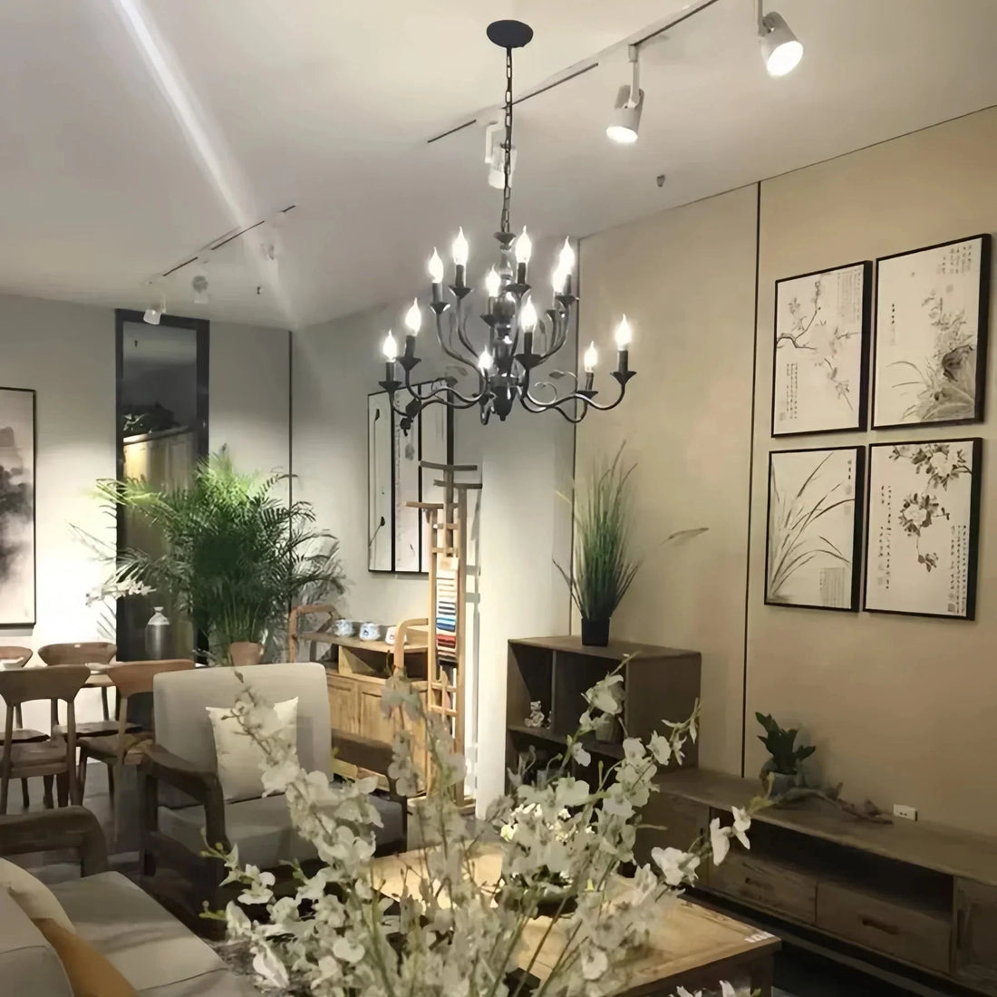 Multi Layer Iron Chandelier with Electronic Candles in Vintage Country Style for Living Room Cafe and Study - 1 Layer: D39.4"Warm Lightcasivra