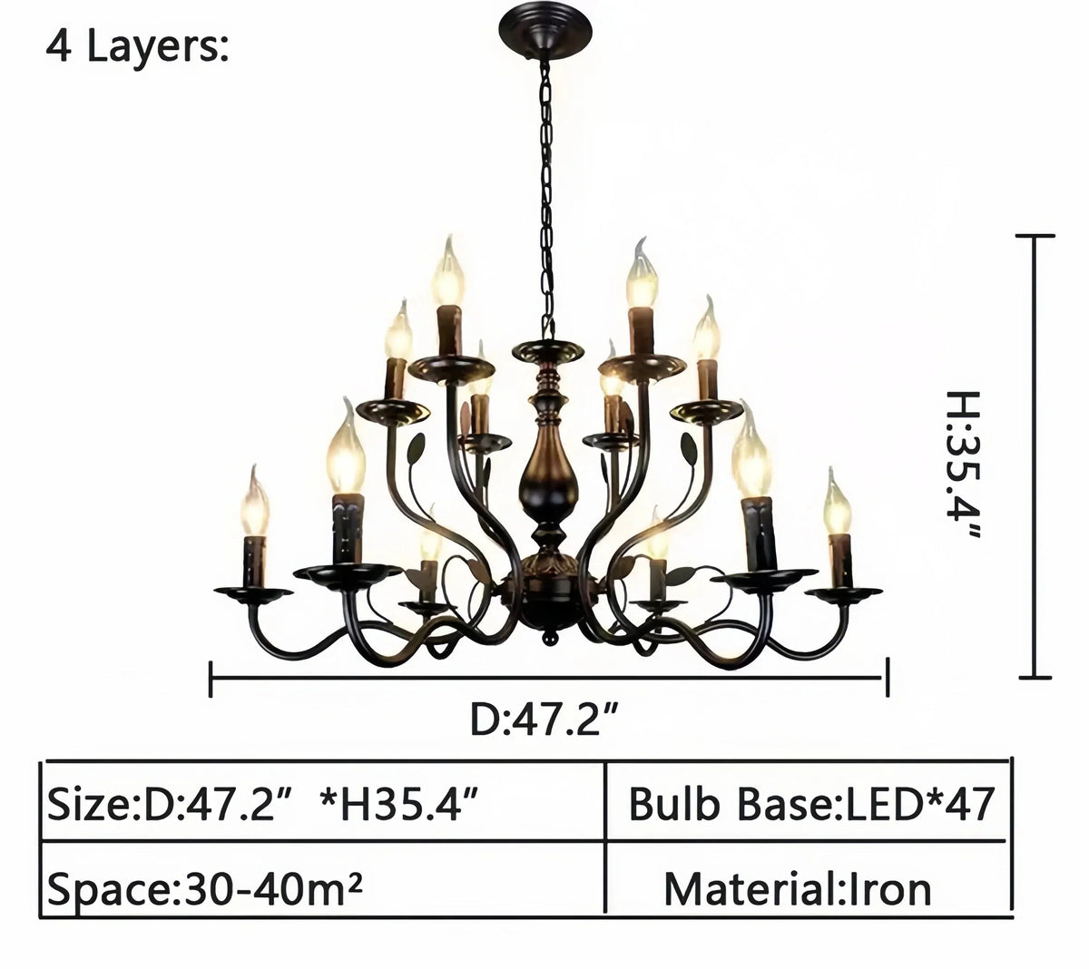 Multi Layer Iron Chandelier with Electronic Candles in Vintage Country Style for Living Room Cafe and Study - 4 Layers: D47.2"Warm Lightcasivra