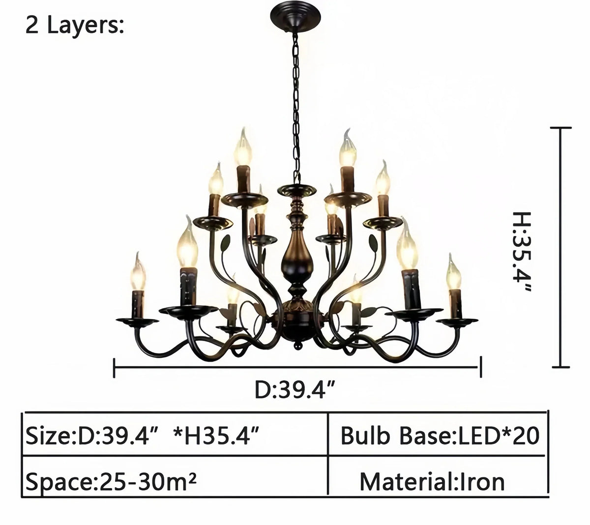 Multi Layer Iron Chandelier with Electronic Candles in Vintage Country Style for Living Room Cafe and Study - 2 Layers: D39.4"Warm Lightcasivra