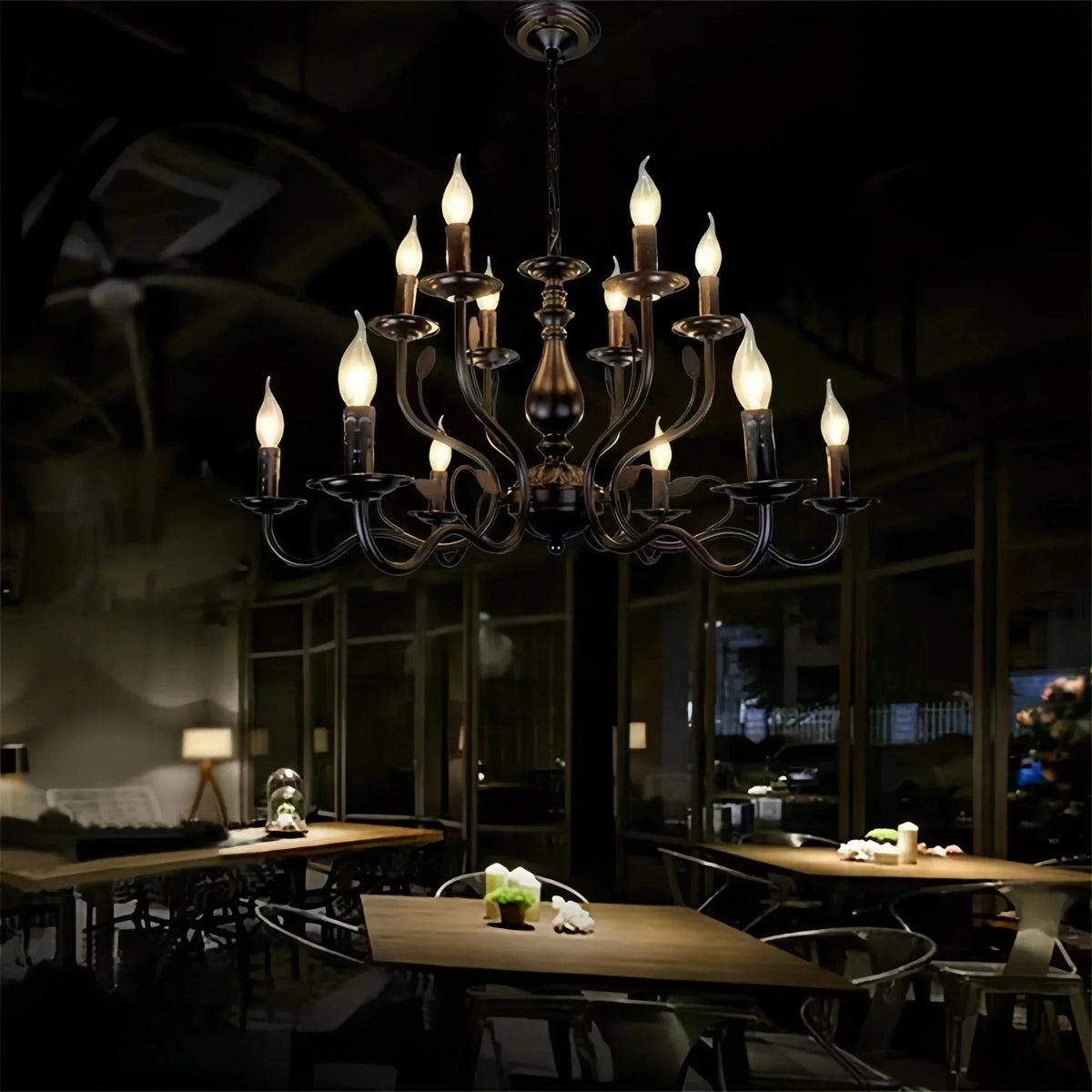 Multi Layer Iron Chandelier with Electronic Candles in Vintage Country Style for Living Room Cafe and Study - 1 Layer: D39.4"Warm Lightcasivra