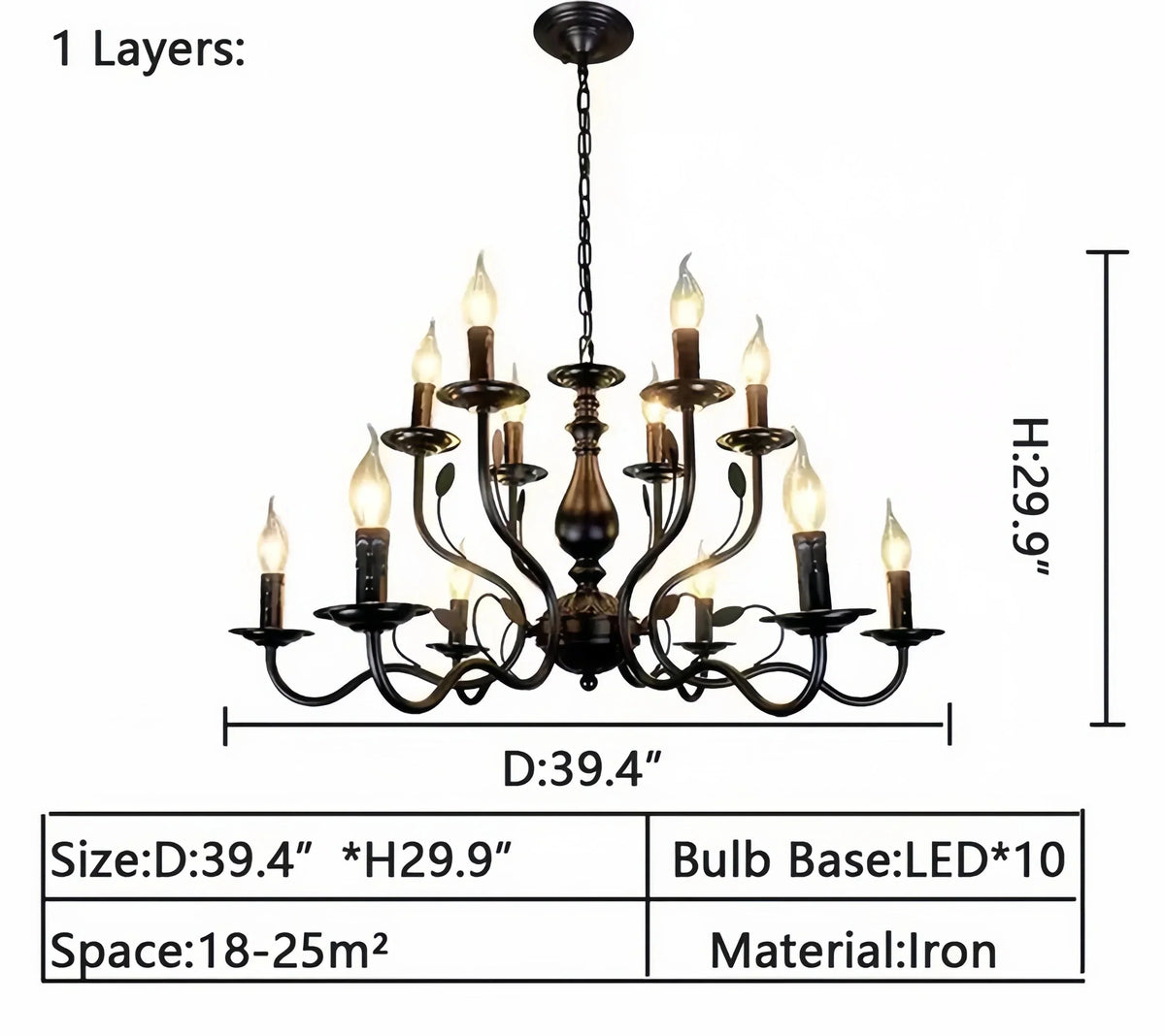 Multi Layer Iron Chandelier with Electronic Candles in Vintage Country Style for Living Room Cafe and Study - 1 Layer: D39.4"Warm Lightcasivra