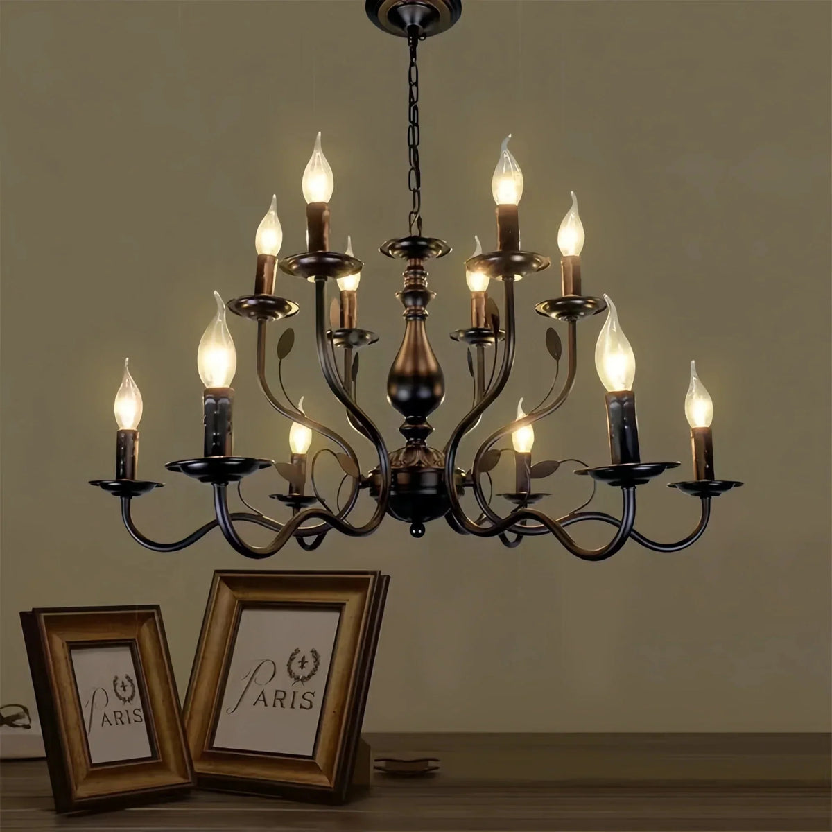 Multi Layer Iron Chandelier with Electronic Candles in Vintage Country Style for Living Room Cafe and Study - 1 Layer: D39.4"Warm Lightcasivra